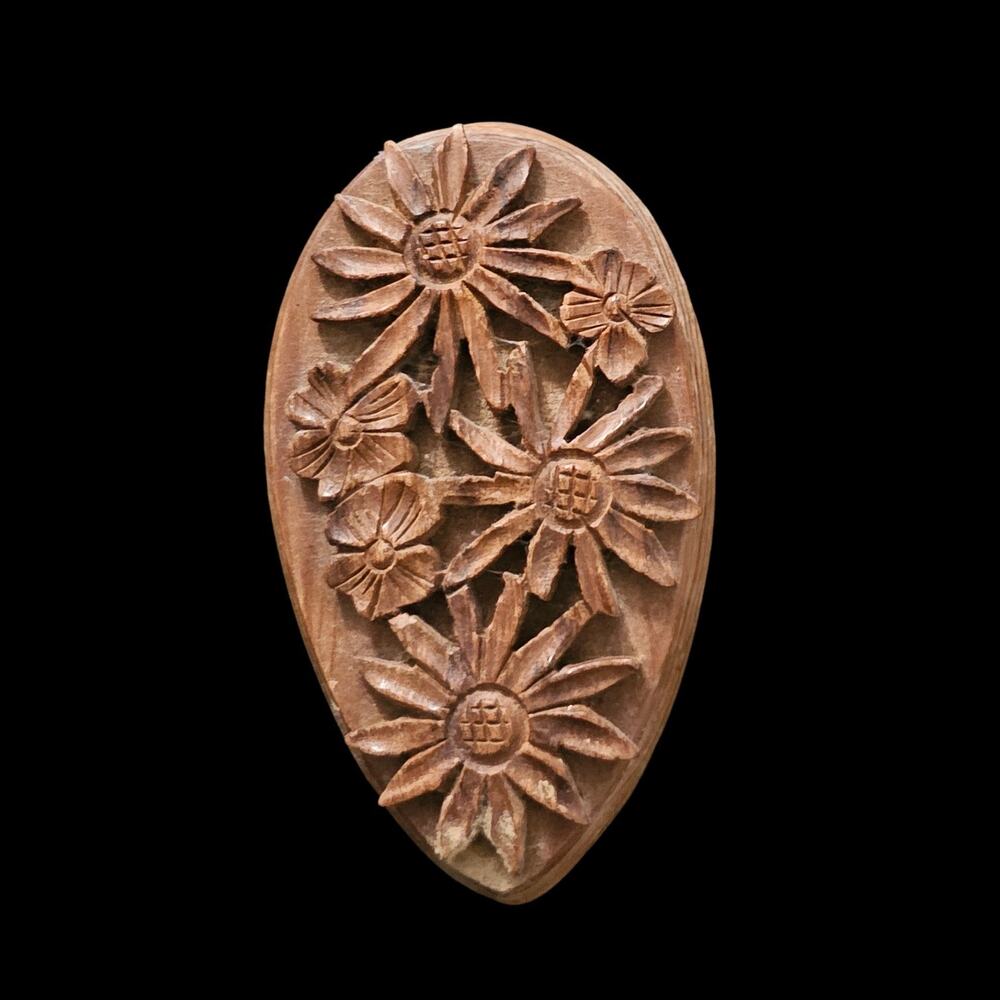 Vintage Art Deco Hand Carved Wooded Flower Dress Clip Brooch Pin